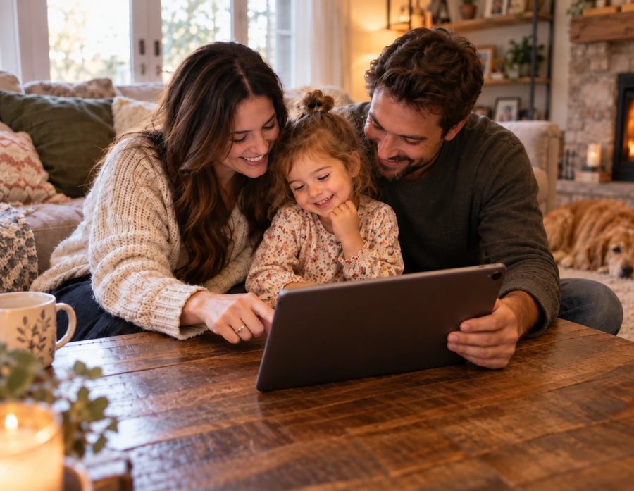 Família assistindo a um vídeo num tablet na sala