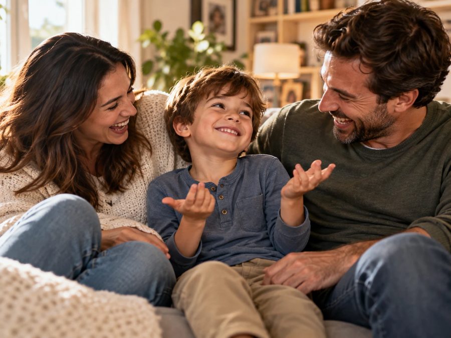 Pai e mãe rindo de uma frase do filho no sofá
