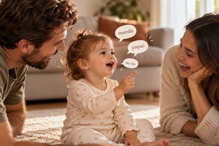 Bebê falando as primeiras palavras diante dos pais