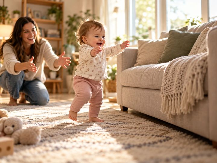 Bebê dando os primeiros passos em direção à mãe